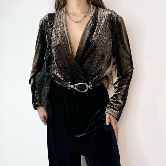 Vintage 80s 90s Velvet Jumpsuit Deep V-Neck Power Dressing Cocktail Goth Size 10 - Picture 1 of 7